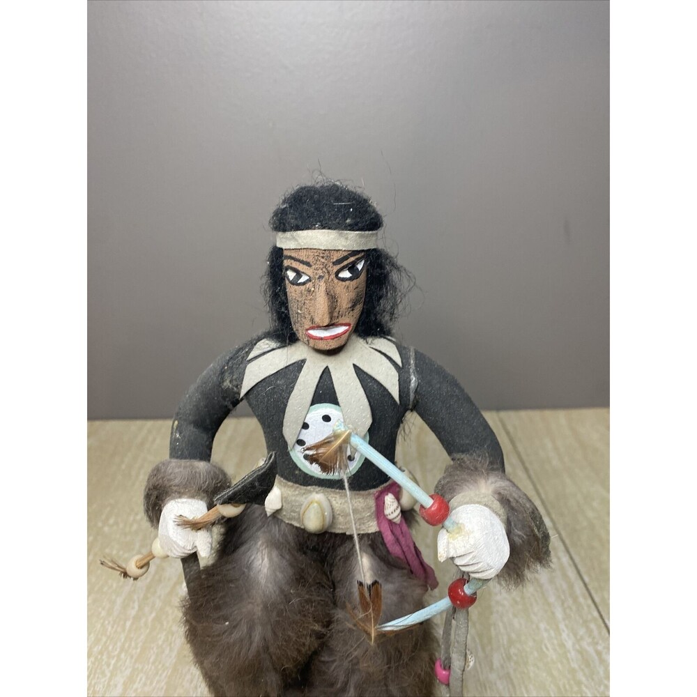 12" Hand Carved Kachina Doll Bear Signed Native American Warrior w/ Bow & Arrow